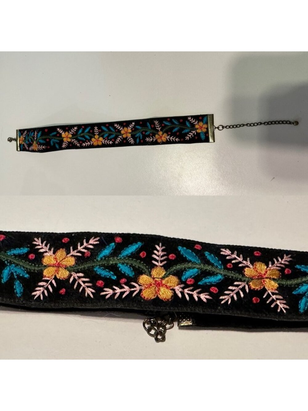 Vintage boho Cloth Ribbon choker Necklace Floral Embroidered READ